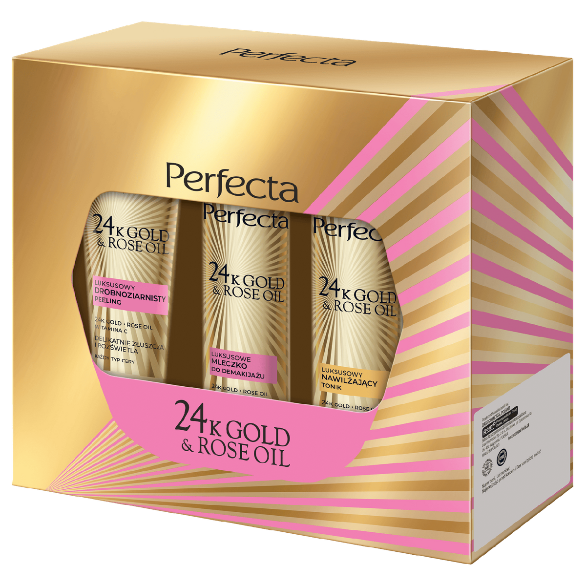 Zestaw Perfecta 24K Gold & Rose Oil Peeling drobnoziarnisty + Mleczko do demakijażu + Tonik