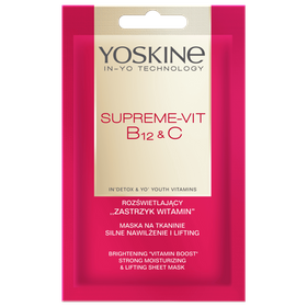 Yoskine Supreme-Vit B12 + C Aufhellende „Vitamin-Injektions“-Maske auf Stoff, stark feuchtigkeitsspendend und straffend