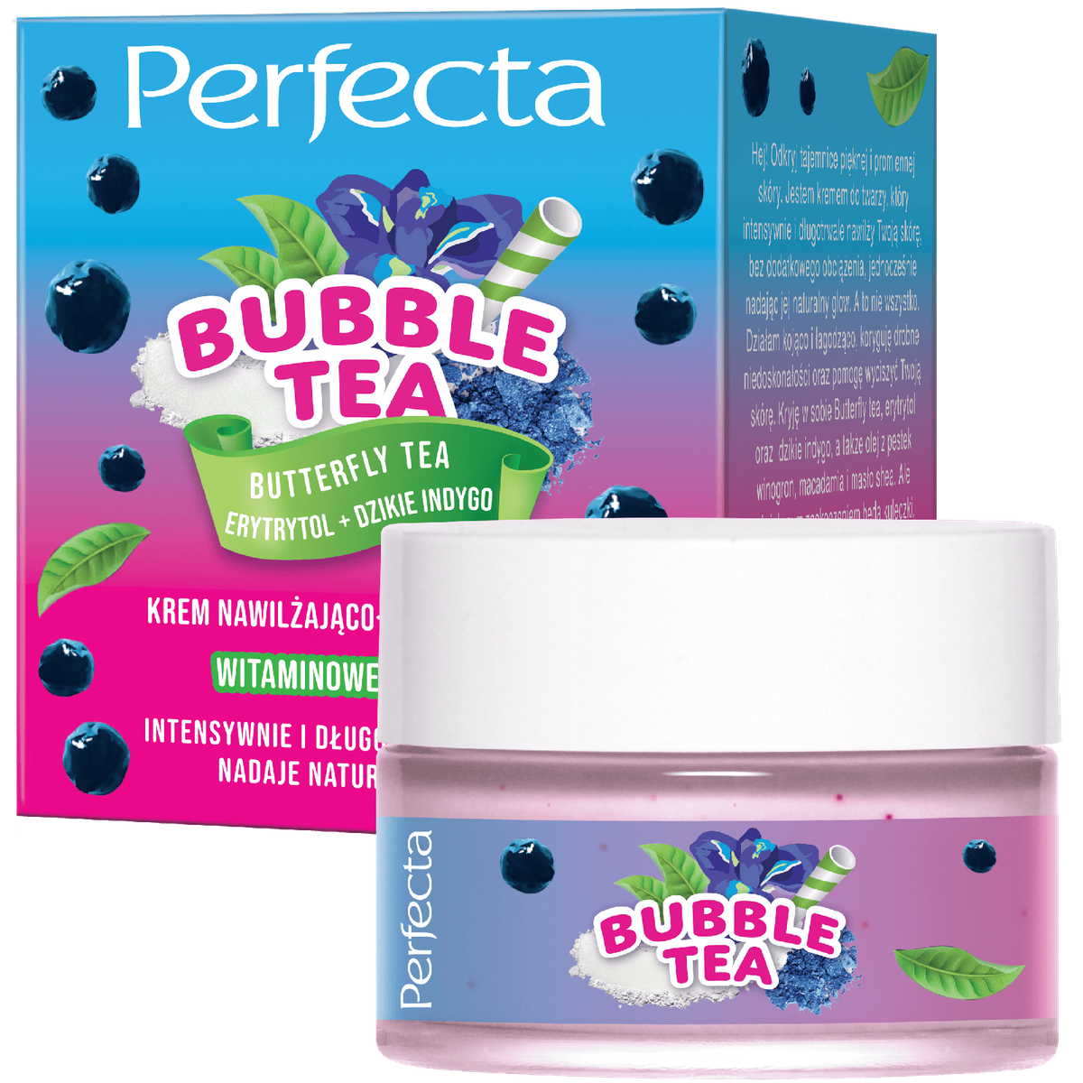 Perfecta Bubble Tea Krem do twarzy nawilżająco-rozświetlający Butterfly Tea, Erytrytol + Dzikie Indygo