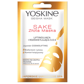 Yoskine Geisha Mask Maske auf goldenem Stoff Sake