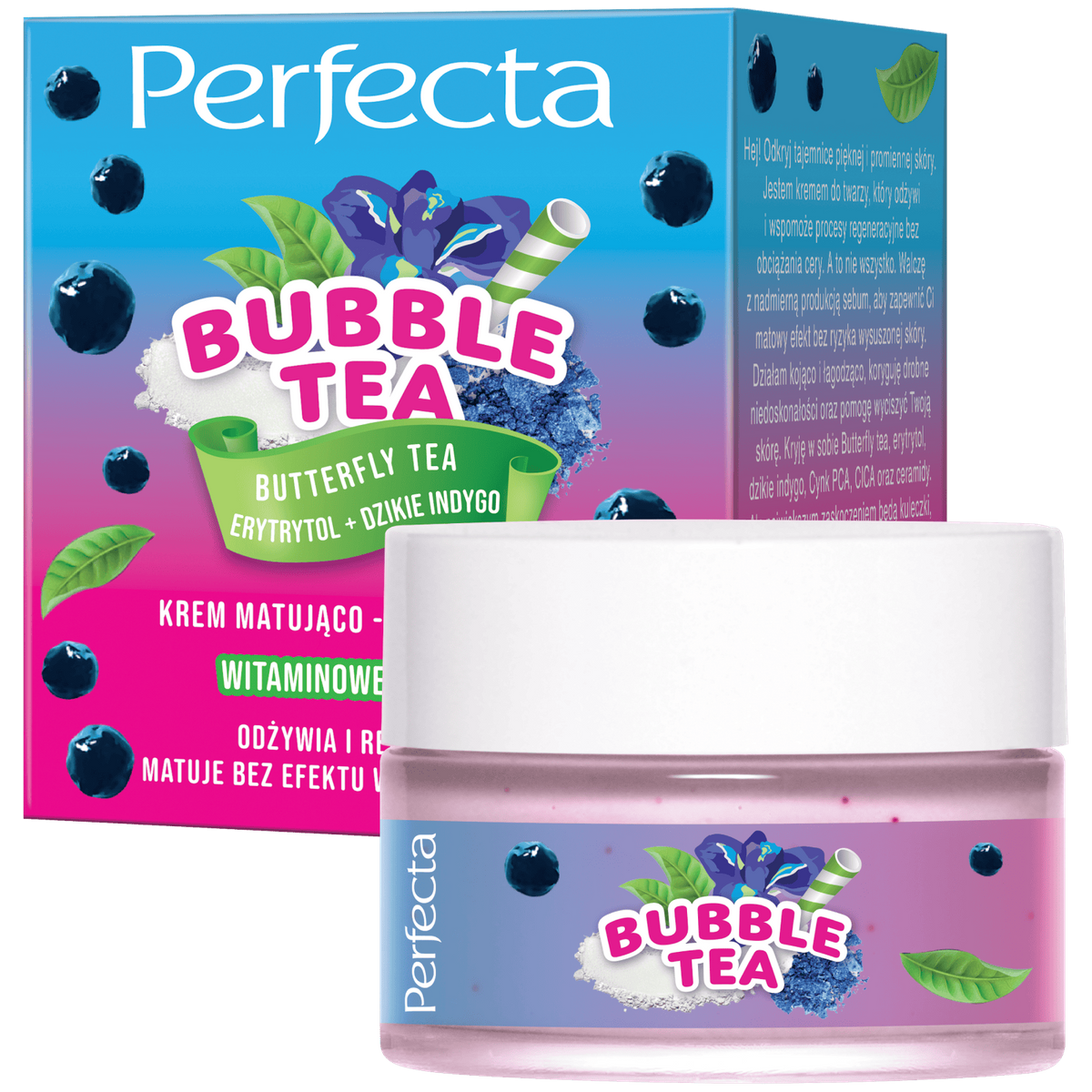 Perfecta Bubble Tea Krem do twarzy matująco-regenerujący Butterfly Tea, Erytrytol + Dzikie Indygo