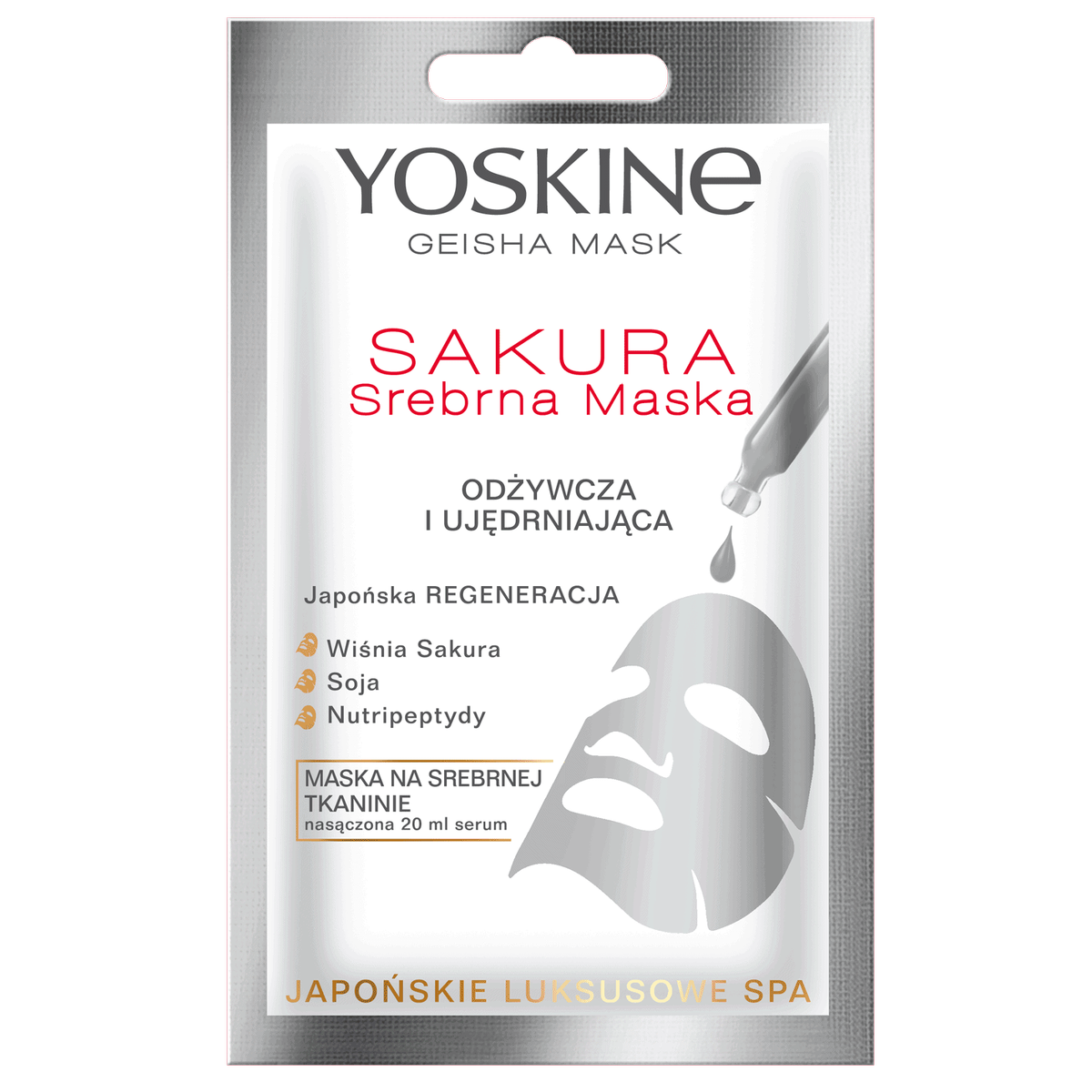 Yoskine Geisha Mask maska na srebrnej tkaninie Sakura