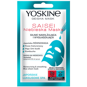 Yoskine Geisha Mask Maska w płachcie na niebieskiej tkaninie Saisei