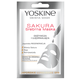 Yoskine Geisha Mask Maske auf silbernem Stoff Sakura