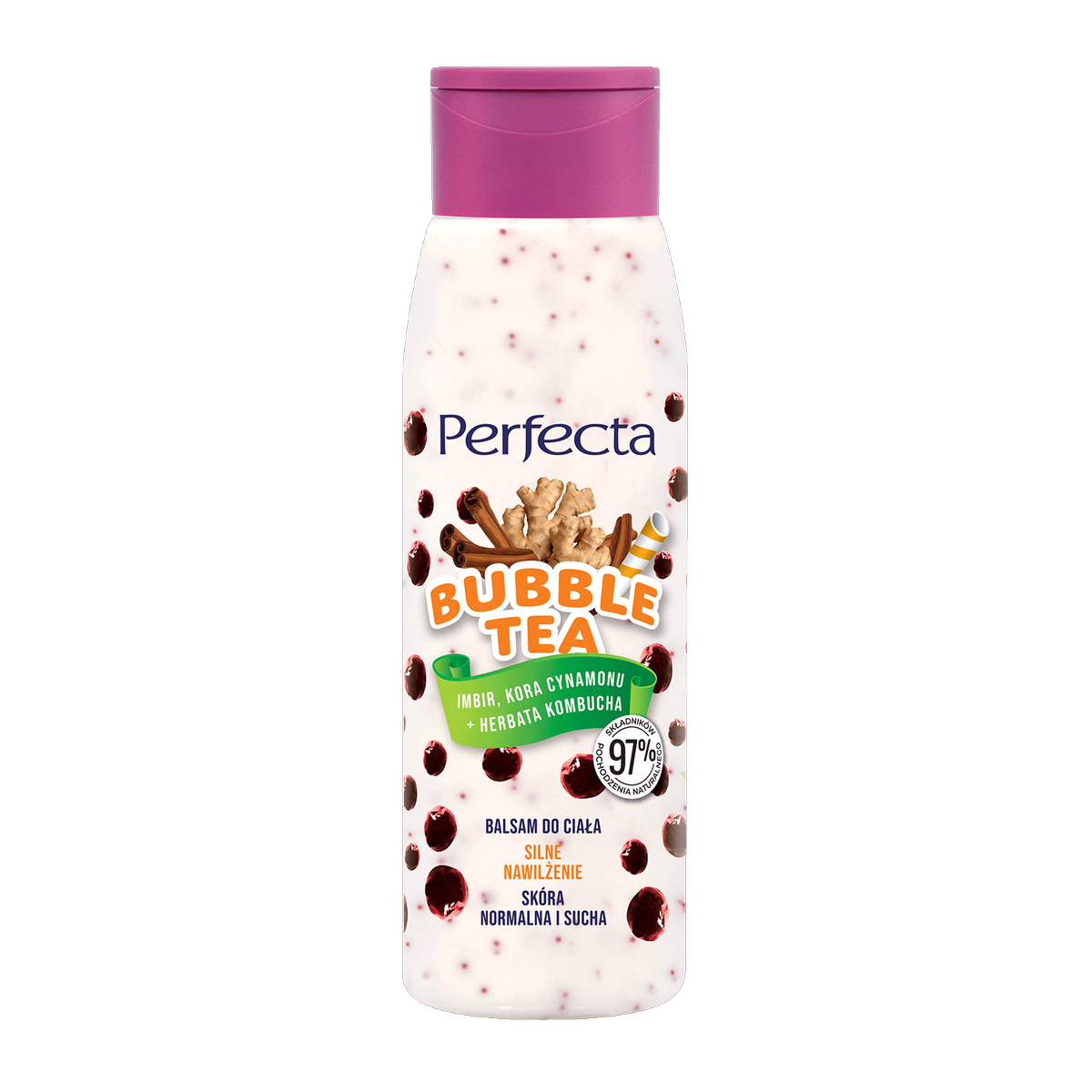 Perfecta Bubble Tea Balsam do ciała Silne nawilżenie Imbir, Kora cynamonu + Herbata Kombucha