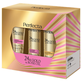 Perfecta 24K Gold & Rose Oil Set Feinkörniges Peeling + Make-up-Entfernungsmilch + Tonic