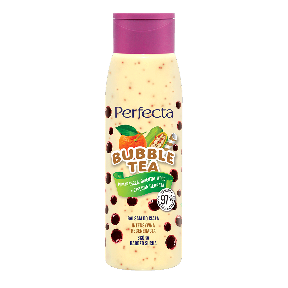 Perfecta Bubble Tea Balsam do ciała Intensywna regeneracja Pomarańcza, Oriental Wood + Zielona Herbata